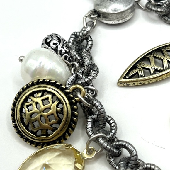 Charm Chicos Silver Bracelet. Big Charms  Pearl, Crystal, Coins Mixed Metals - Picture 4 of 14